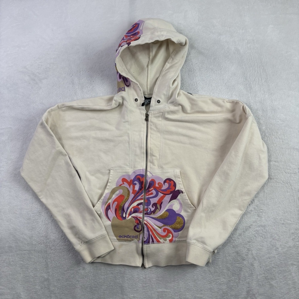 Y2K Ecko Red Full Zip Long Sleeve Floral Beige Hoodie Women's Medium